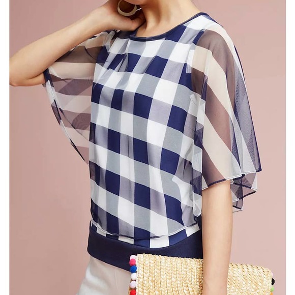Anthropologie Tops - Anthropologie Elsie Postmark Navy White Gingham Tank with Overlay